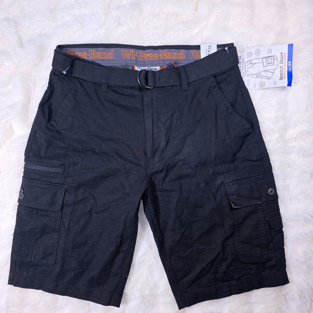WearFirst Cargo Shorts Mens 36 Black New Stretch Ripstop Flex Waist Belted